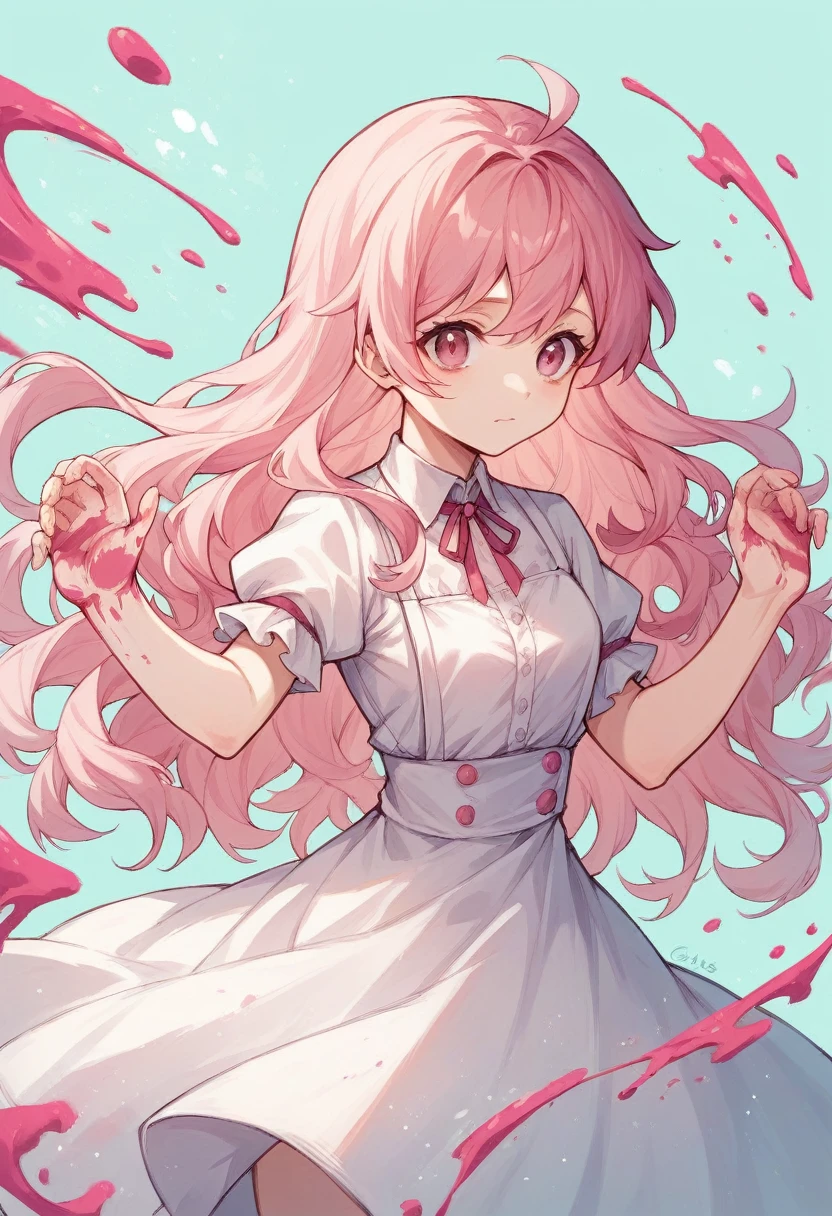 Light pink hair, pink eyes, pink and white, sakura leafs, vivid colors, white dress, paint splash, simple background, ray tracing, wavy hair