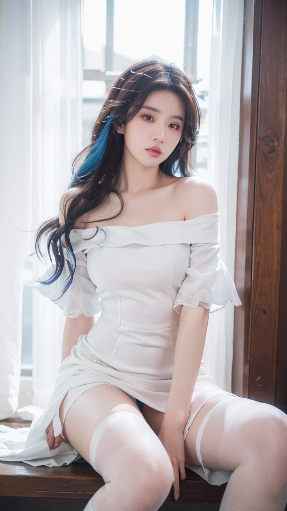 (the street:1 girl with blue hair,Get up,One word step+), tmasterpiece, Best quality, RAW photos, realistically, the face, Incredibly ridiculous Resourcetra long brown curly hair around the ears),eye shadows,techwear outfits,(White off-the-shoulder over-the-knee dress),White off-shoulder long dress,(White tight flats,depth of fields, A high resolution, ultra - detailed, filigrees, RAWE is very detailed, The details of the eyes and face are very rich, Sharp pupils, realistic student, lock focus, light,Full body lesbian,The large,The legs look very long from the front,dynamicposes,Normal posture,closeup of face