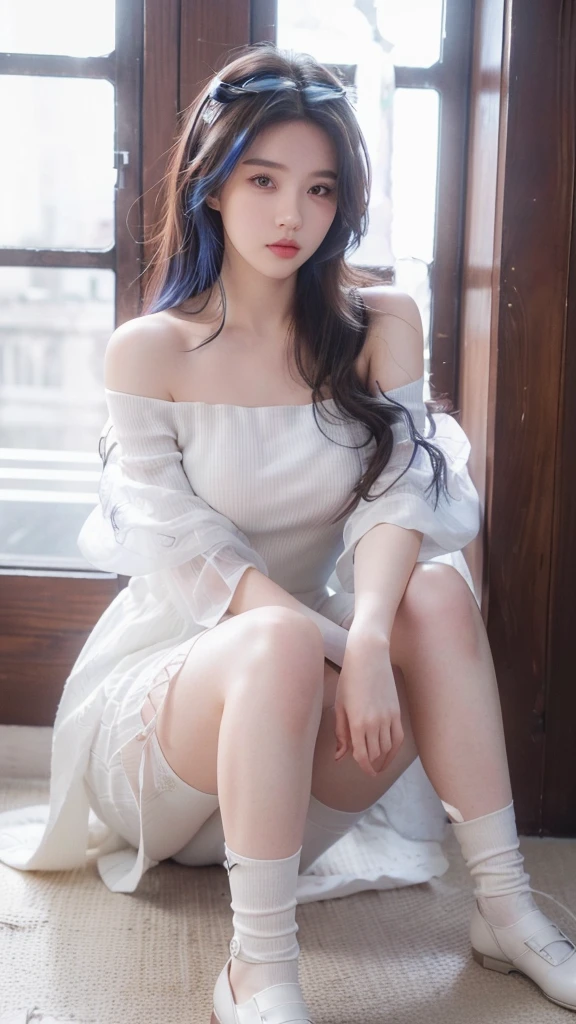 (the street:1 girl with blue hair,Get up,One word step+), tmasterpiece, Best quality, RAW photos, realistically, the face, Incredibly ridiculous Resourcetra long brown curly hair around the ears),eye shadows,techwear outfits,(White off-the-shoulder over-the-knee dress),White off-shoulder long dress,(White tight flats,depth of fields, A high resolution, ultra - detailed, filigrees, RAWE is very detailed, The details of the eyes and face are very rich, Sharp pupils, realistic student, lock focus, light,Full body lesbian,The large,The legs look very long from the front,dynamicposes,Normal posture,closeup of face