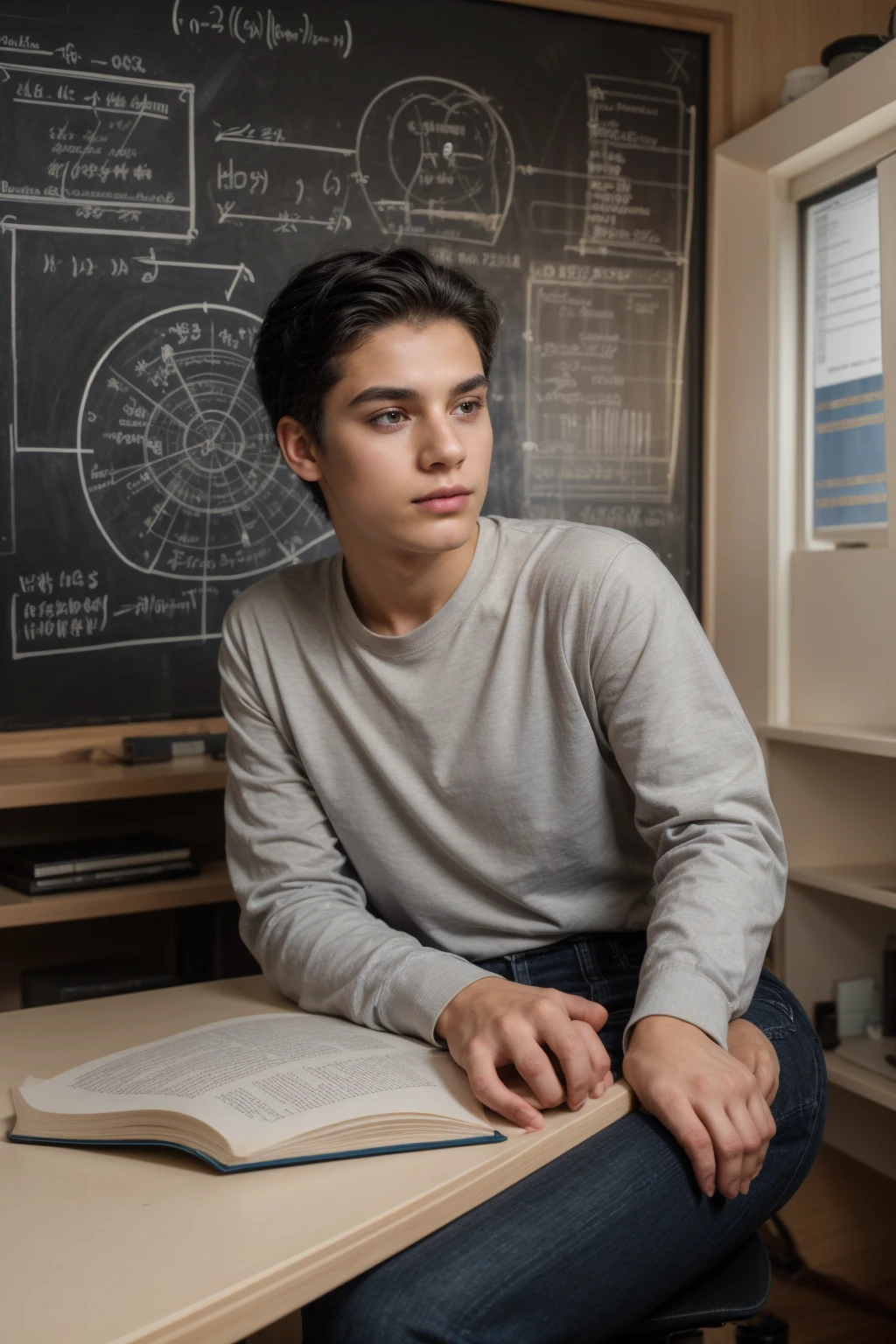 A beautiful young man, a cute twinkle, male. He has black hair and a face with makeup. He is wearing a white long-sleeved shirt and black jeans. He is in his huge scientific office, and behind him is a blackboard with chemical reactions written on it. He is sitting studying with concentration, at a desk with a science book on it. mathematics