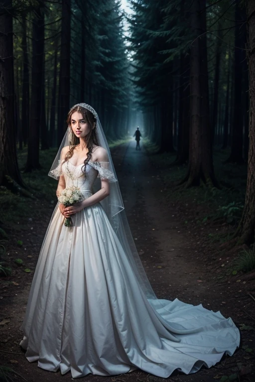 Create an image based on the following story: 'Many years ago, in a small village called Luaré, situated on the edge of a dense and mysterious forest, the villagers lived in terror of an ancient legend. They said that every full moon night, an entity known as The Dark Bride roamed the forest, seeking revenge for a lost love.
The legend said that, centuries ago, a young girl named Elara was about to marry the love of her life, a brave warrior named Darian. On the eve of your wedding, Darian was called to a distant battle and promised to return in time for the ceremony. However, he never returned, having been betrayed by his own comrades in search of riches.
Devastated by loss, Elara fled into the woods, dressed in her wedding dress, and was never seen again. The villagers believed that she had died of grief, but your spirit, unable to find peace, transformou-se nthe Dark Bride. They said her lament echoed through the forest, and anyone who ventured there during the full moon disappeared, carried away by his wrath.
One night, a young man named Luca, courageous and incredulous towards the legends, decidiu provar que a história dthe Dark Bride não passava de um conto para assustar crianças. Armed with just a flashlight and your courage, he entered the woods as the full moon shone in the sky.
As I walked the shadowy paths, Luca heard a distant wail and felt an intense cold.. Following the sound, he arrived at a moonlit clearing, where he saw the spectral figure of a woman dressed as a bride, floating above the ground. It was Elara, the Dark Bride.
Upon seeing her, Luca felt a mix of fear and compassion.. He didn't run away, but instead, spoke to the entity, offering your help to find peace. The Dark Bride revealed her sad story and asked Luca to find Darian's grave and bring him to her, so that he could finally say goodbye to his beloved.
guided by the spirit,