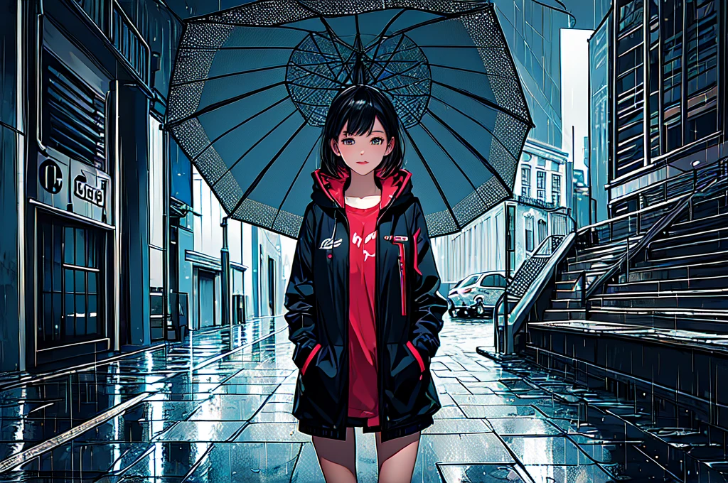 (masterpiece, top quality, best quality, official art, beautiful and aesthetic:1.2), girl, alone in the rain with a jacket in a dark city, extreme detailed,highest detailed, optical mixing, playful patterns, lively texture, unique visual effect