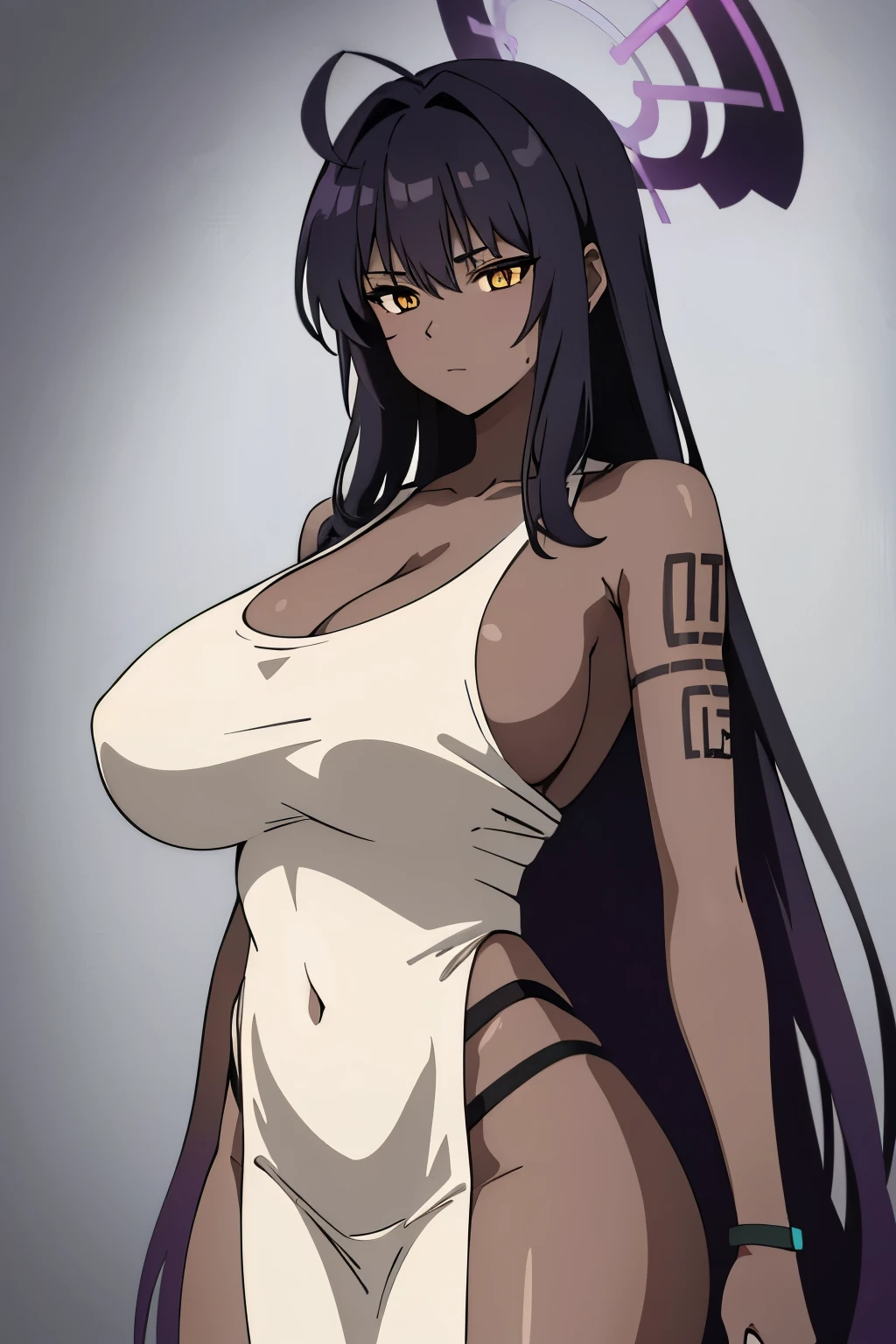 (extremely detailed CG unity 8k wallpaper), (masterpiece), (best quality), (ultra-detailed), (best illustration), (best shadow), (absurdres), 1girl, solo, pefrect face, perfect eyes, shining breasts, close the camera perky tits, vivid colors, cleavage, vivid, huge breasts, brown eyes, long hair, karin kakudate, very dark skin, halo, very long hair, tattoo, mummy cloth, mummy outfit, mummy clothes