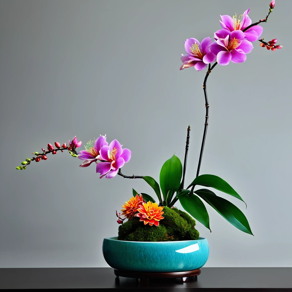 different aesthetic varieties of ikebana, high quality, ultra hd, very vibrant and colored, high resolution, cinematic