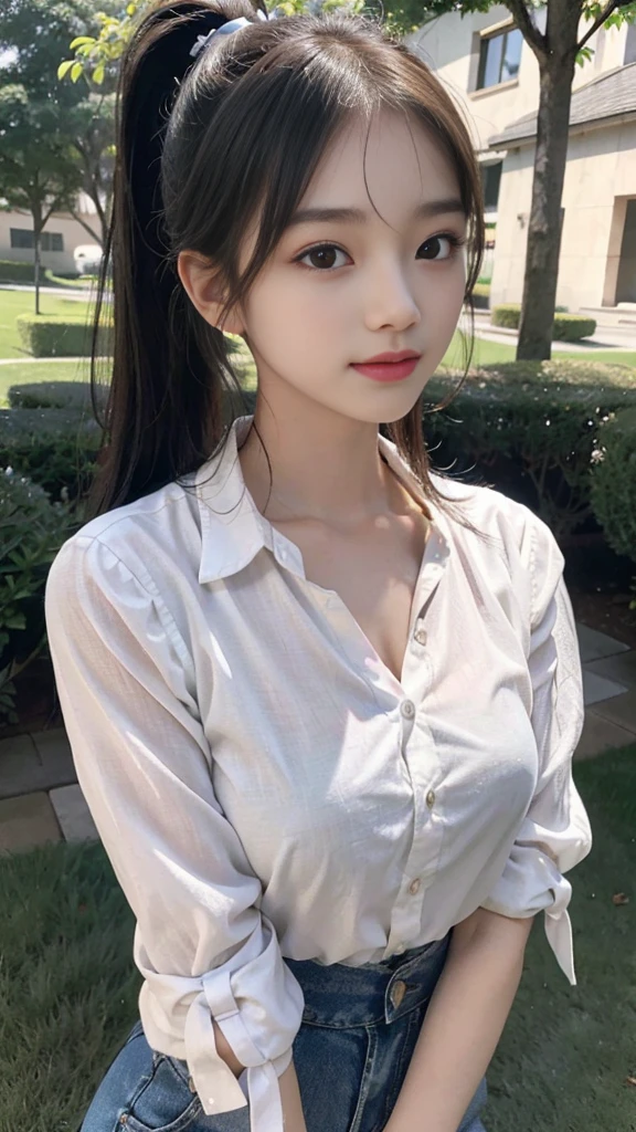 White collared shirt,jeans,Park,On the lawn,Close up face,One woman,masutepiece, The highest image quality, High quality, the background is clear,Beautiful woman, Japanese,Ultra-detailed, finely detail, hight resolution, 8K Wallpaper, Perfect dynamic composition, Beautiful detailed eyes , Detailed, Detailed eyes, Detailed skin, Beautiful skin, 超hight resolution, (reality: 1.4),Very beautiful woman, Slightly younger face, Beautiful skin, slender, (Ultra photo realsisim), (hight resolution), (8K), (Very detailed) (beautifully detailed eyes), (super detailed), (Detailed face), view the viewer, Fine details, Detailed face, Staring straight ahead, Staring straight ahead, photos realistic, Bright lighting, Professional Lighting, Black hair,poneyTail,a baby face,fourteen years old,Hairstyle: ponytail,Long ponytail hairstyle,slight smile,neat and tidy clothing,Beautiful Japanese KPOP idol photo, hair style is ponytail, my eyes are double and wide, baby face, smile and look straight ahead, slender, small breasts,Close up face,