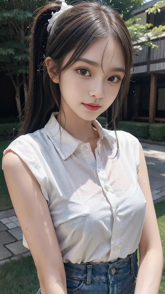 White collared shirt,jeans,Park,On the lawn,Close up face,One woman,masutepiece, The highest image quality, High quality, the background is clear,Beautiful woman, Japanese,Ultra-detailed, finely detail, hight resolution, 8K Wallpaper, Perfect dynamic composition, Beautiful detailed eyes , Detailed, Detailed eyes, Detailed skin, Beautiful skin, 超hight resolution, (reality: 1.4),Very beautiful woman, Slightly younger face, Beautiful skin, slender, (Ultra photo realsisim), (hight resolution), (8K), (Very detailed) (beautifully detailed eyes), (super detailed), (Detailed face), view the viewer, Fine details, Detailed face, Staring straight ahead, Staring straight ahead, photos realistic, Bright lighting, Professional Lighting, Black hair,poneyTail,a baby face,fourteen years old,Hairstyle: ponytail,Long ponytail hairstyle,slight smile,neat and tidy clothing,Beautiful Japanese KPOP idol photo, hair style is ponytail, my eyes are double and wide, baby face, smile and look straight ahead, slender, small breasts,Close up face,