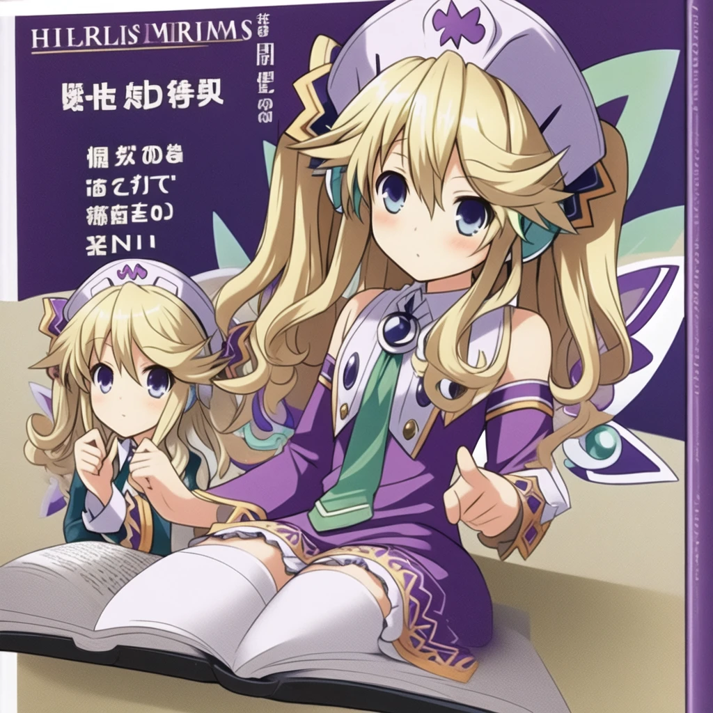 (extremely detailed:1.1),(highly detailed:1.1),(best quality:1.1),(masterpiece:1.1), HistoireNeptunia, long hair, blue eyes, blonde hair, hair ornament, wings, fairy wings, bare shoulders, twintails, book, white thighhighs, hat, necktie, purple dress, book, large breasts, nipples