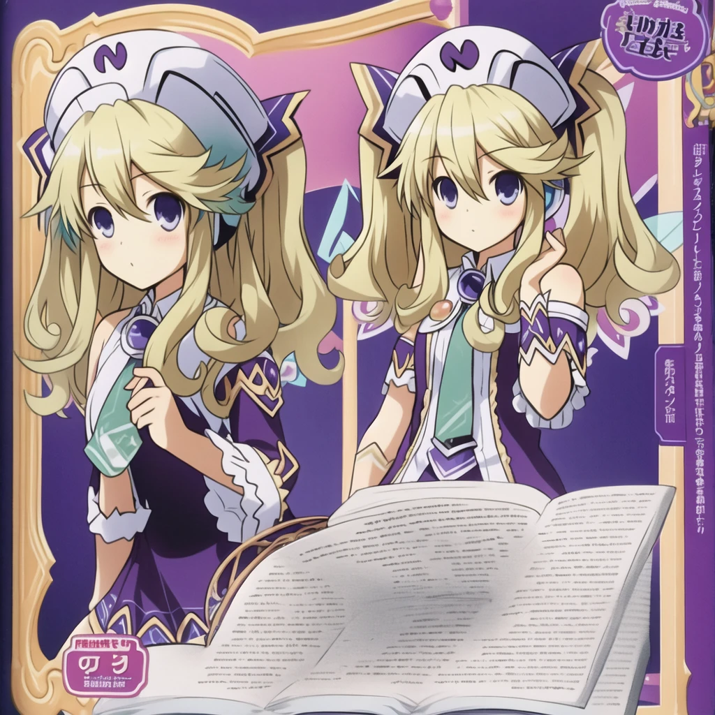 (extremely detailed:1.1),(highly detailed:1.1),(best quality:1.1),(masterpiece:1.1),  HistoireNeptunia, long hair, blue eyes, blonde hair, hair ornament, wings, fairy wings, bare shoulders, twintails,  book, white thighhighs, hat, necktie, purple dress, book