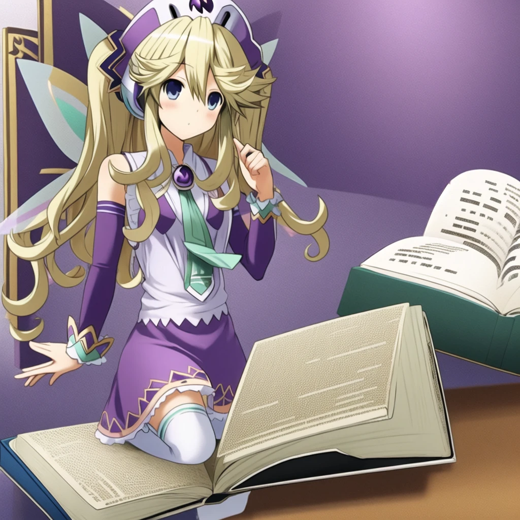 (extremely detailed:1.1),(highly detailed:1.1),(best quality:1.1),(masterpiece:1.1),  HistoireNeptunia, long hair, blue eyes, blonde hair, hair ornament, wings, fairy wings, bare shoulders, twintails,  book, white thighhighs, hat, necktie, purple dress, book