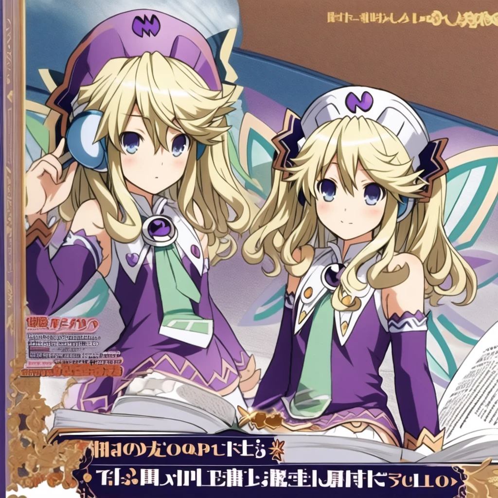 (extremely detailed:1.1),(highly detailed:1.1),(best quality:1.1),(masterpiece:1.1),  HistoireNeptunia, long hair, blue eyes, blonde hair, hair ornament, wings, fairy wings, bare shoulders, twintails,  book, white thighhighs, hat, necktie, purple dress, book