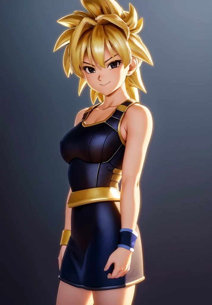 (Photo:1.3), highdetail, 1girl, solo, looking at viewer, smile, simple background, bare shoulders, closed mouth, collarbone, upper body, armor, hand on hip, bare arms, black background, wristband, arm at side, outline, saiyan armor, (acclaimed, alluring, captivating, exciting, gorgeous, striking:1.3), (trending on artstation:1.3)