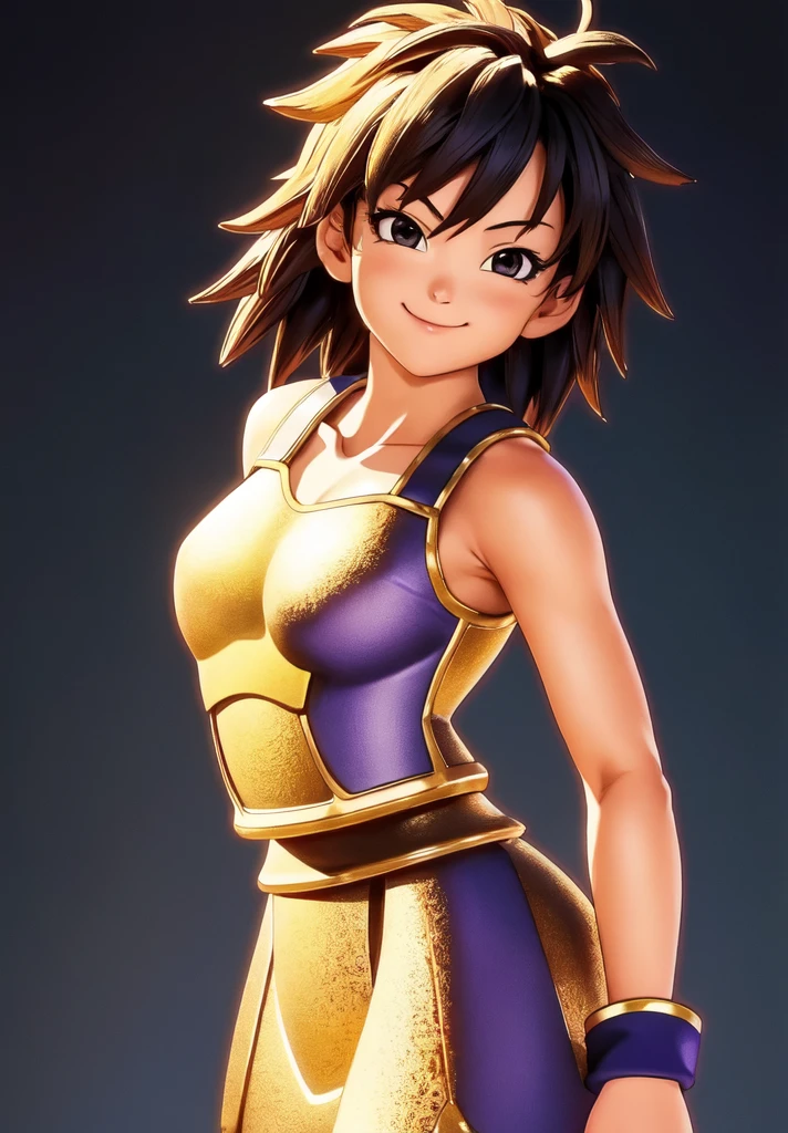 (Photo:1.3), highdetail, 1girl, solo, looking at viewer, smile, simple background, bare shoulders, closed mouth, collarbone, upper body, armor, hand on hip, bare arms, black background, wristband, arm at side, outline, saiyan armor, (acclaimed, alluring, captivating, exciting, gorgeous, striking:1.3), (trending on artstation:1.3)