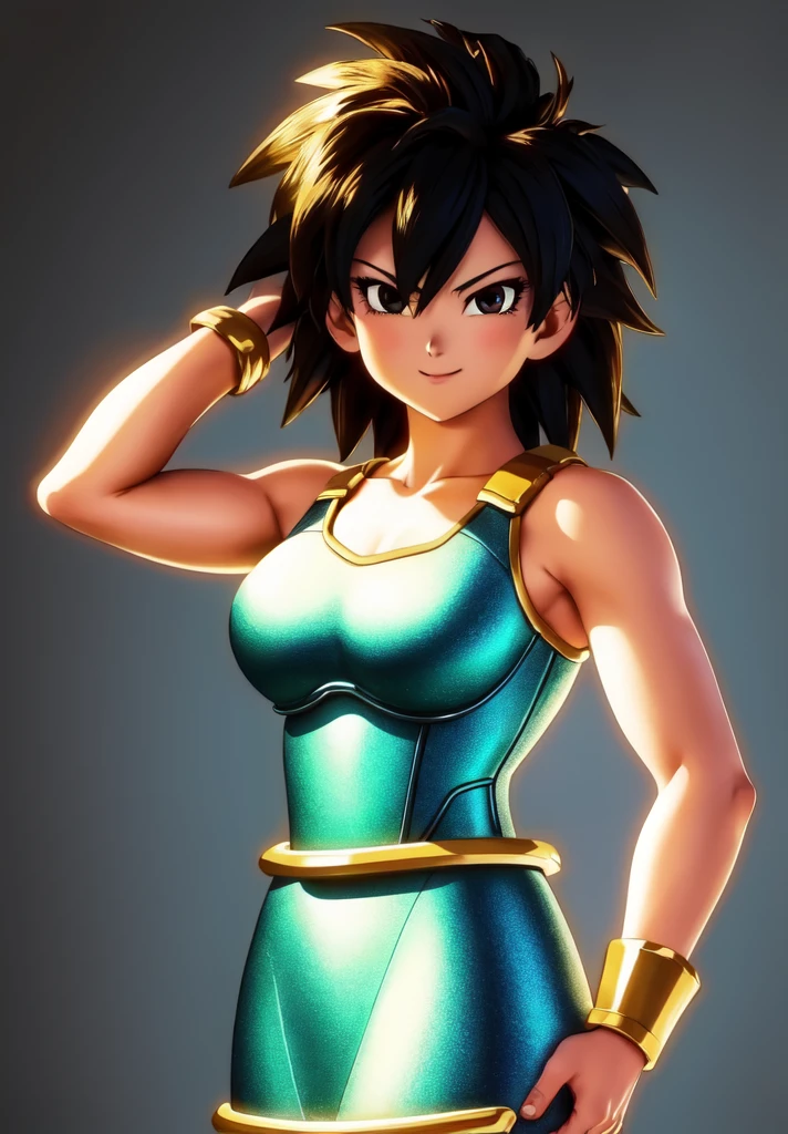 (Photo:1.3), highdetail, 1girl, solo, looking at viewer, smile, simple background, bare shoulders, closed mouth, collarbone, upper body, armor, hand on hip, bare arms, black background, wristband, arm at side, outline, saiyan armor, (acclaimed, alluring, captivating, exciting, gorgeous, striking:1.3), (trending on artstation:1.3)