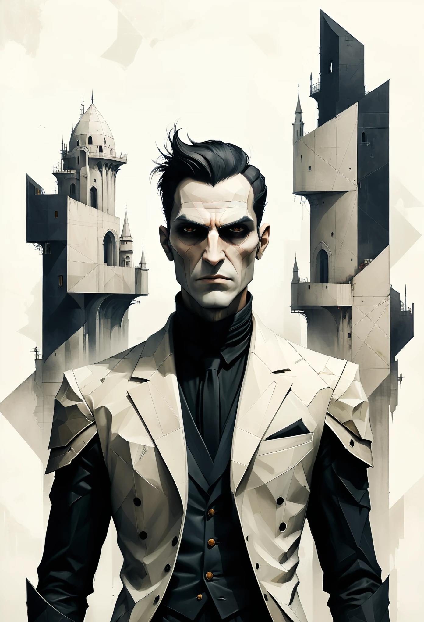style of santiago caruso, Character concept design, Half Body,Simple style geometric architectural design background,
