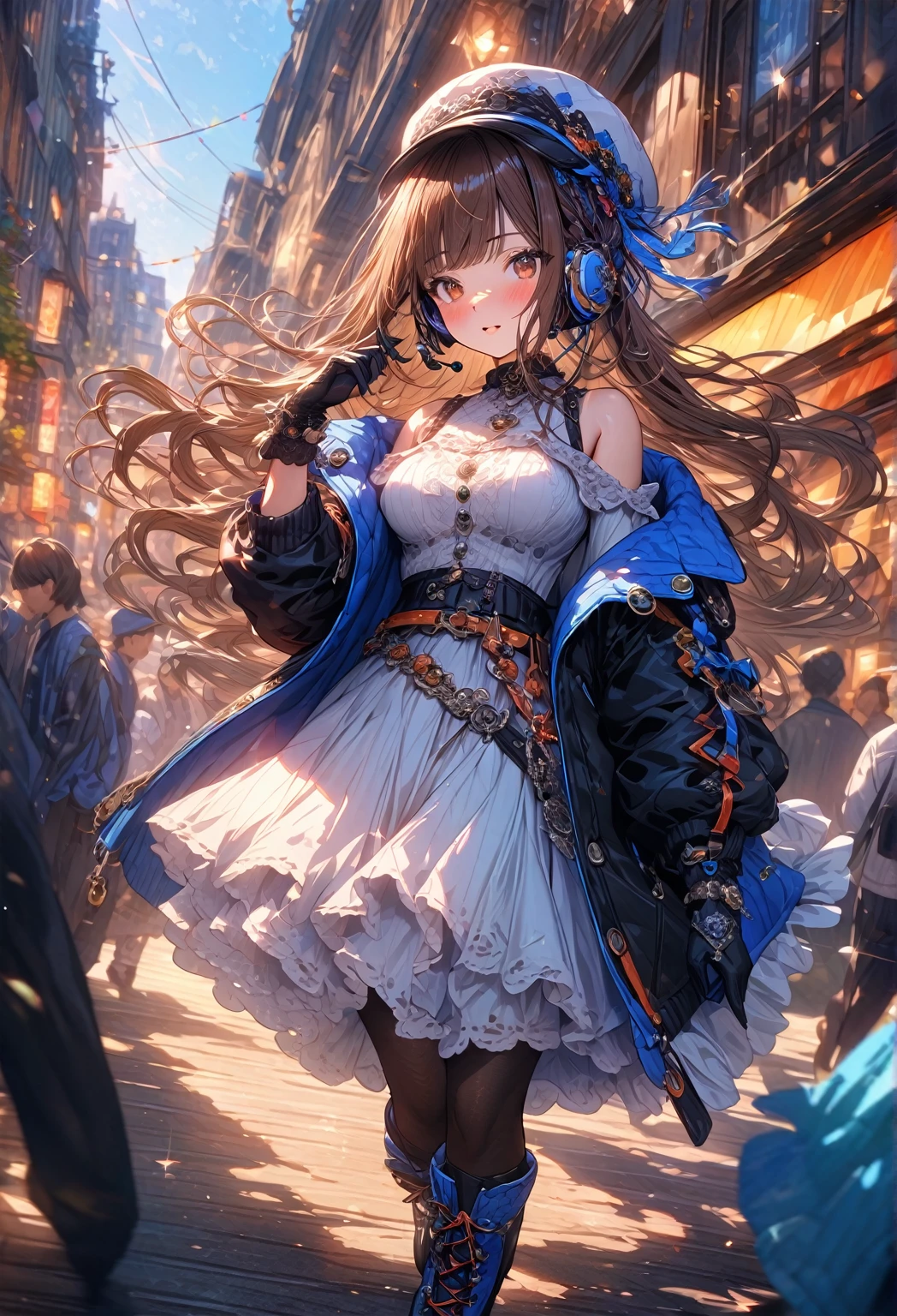 ((masterpiece:0), best quality, very aesthetic, newest, absurdres, detailed, high quality)
BREAK
highest quality, top quality, details, highres, ultra fine painting, digital art, official art, cinematic, 4k, 8k resolution, 8K CG wallpaper, CG, original artwork, detailed background, colorful background, blue atmosphere, High Dynamic Range, blurry background, blue hour, Starburst effects, crepuscular rays, good ISO, high resolution, wide shot, from far away, RAW photo, POV, sharp focus, light reflection, reflections, intricate details, soft light, particle noise, professional photography, bokeh, depth of field, natural lighting, vibrant colors, looking away, detailed lights and shadows, stylish, ultra-detailed, top rated on Pixiv, trending on Artstation, niji style, modern-days, master crafted, pose
BREAK
solo, 1girl, a girl, correct fingers, detailed hair, (medium big breasts:1.2), big thighs, short torso, short body, flushtered, blush, anxious expression, casual, slim, ((cute, childlike face):1.3), nice hips, nice body, brown hair, (long flowing hair:1.1), big 2 buns hairstyle, long bangs, long hair, middle hair bangs, brown eyes
BREAK
((colorful modern style costume), off shoulder T-shirt, skirt, headset, jacket, cap, belts, gloves, boots, stockings, garterbelt, accessories, outfit ornaments, , (full body:1.3))
BREAK
a close up of a person walking down a street with a crowd of people, crowded street, crowded streets, in front of a large crowd, giant crowd, girl walking through city, people walking down a street