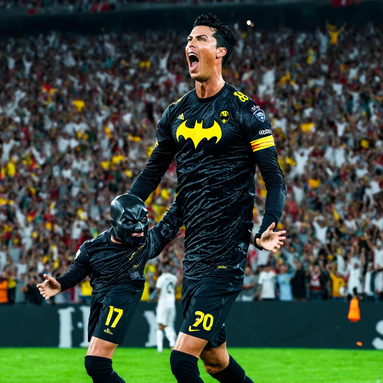 black-haired man celebrating a goal in a football game,football player as batman, highly detailed 8K โค๐ฅ ๐ฅ ๐ ๐ค ๐, portrait of, celebrate goal, Ronaldo phenomenon, ๐๐๐โบ๐๐๐,