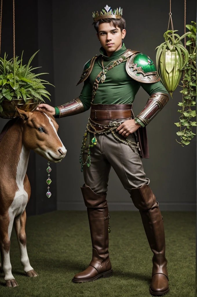 male, adult,young boy with green shirt and brown pants, gray metal shoulder pads, brown boots with metal covering on the upper front, rainbow crown with a green gem in front, 5 gems hanging from your clothes, six green carnivorous plants growing out of his back like pets