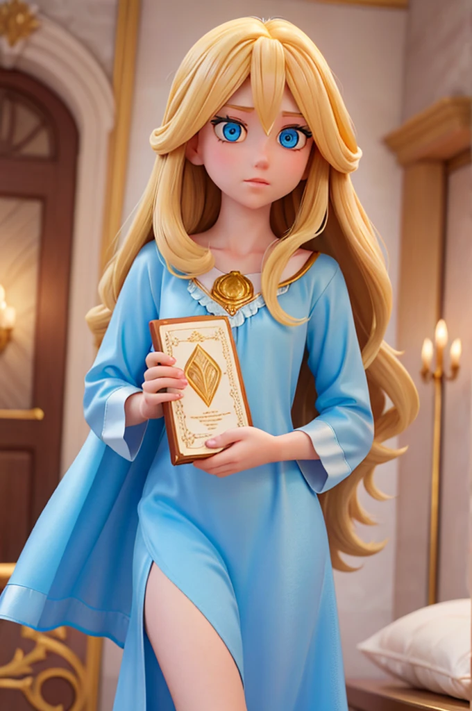 a human , with long golden hair, and large light blue eyes, she has numerous sparkles in her eyes, she is wearing a night gown and is holding a golden book in her hand