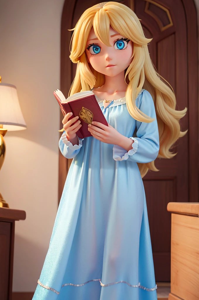 a human , with long golden hair, and large light blue eyes, she has numerous sparkles in her eyes, she is wearing a night gown and is holding a golden book in her hand