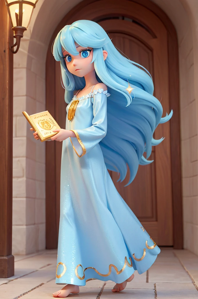 a human , with long golden hair, and large light blue eyes, she has numerous sparkles in her eyes, she is wearing a night gown and is holding a golden book in her hand