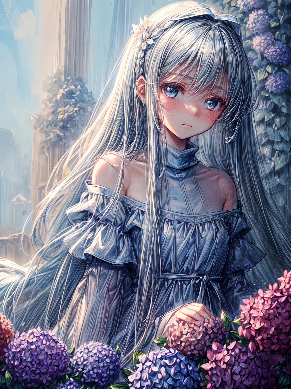 masterpiece, best quality, extremely detailed, (illustration, official art:1.1), 1 girl ,(((( light blue long hair)))), ,(((( light blue long hair)))),light blue hair, , long hair ((blush)) , cute face, big eyes, masterpiece, best quality,(((((a very delicate and beautiful girl))))),Amazing,beautiful detailed eyes,blunt bangs((((little delicate girl)))),tareme(true beautiful:1.2), sense of depth,dynamic angle,,,, affectionate smile, (true beautiful:1.2),,(tiny 1girl model:1.2),)(flat chest), (((1 girl)),1girl, (full body,from side), poor eyes, closed mouth, shiny hair, ( long straight hair, white turtleneck), early teens, looking at left, (slime 1.4), dress, flower field, sunlight, wet, hydrangea, rain, dark tone, dress, flower field, sunlight, off shoulder dress, hydrangea, after the rain, BREAK (masterpiece, best quality), (ultra-detailed 8K), (perfect design), absurdres, highres, cinematic lighting, (fashion illustration, sharp sketch, super fine illustration:1.2),rainbowsky_background
