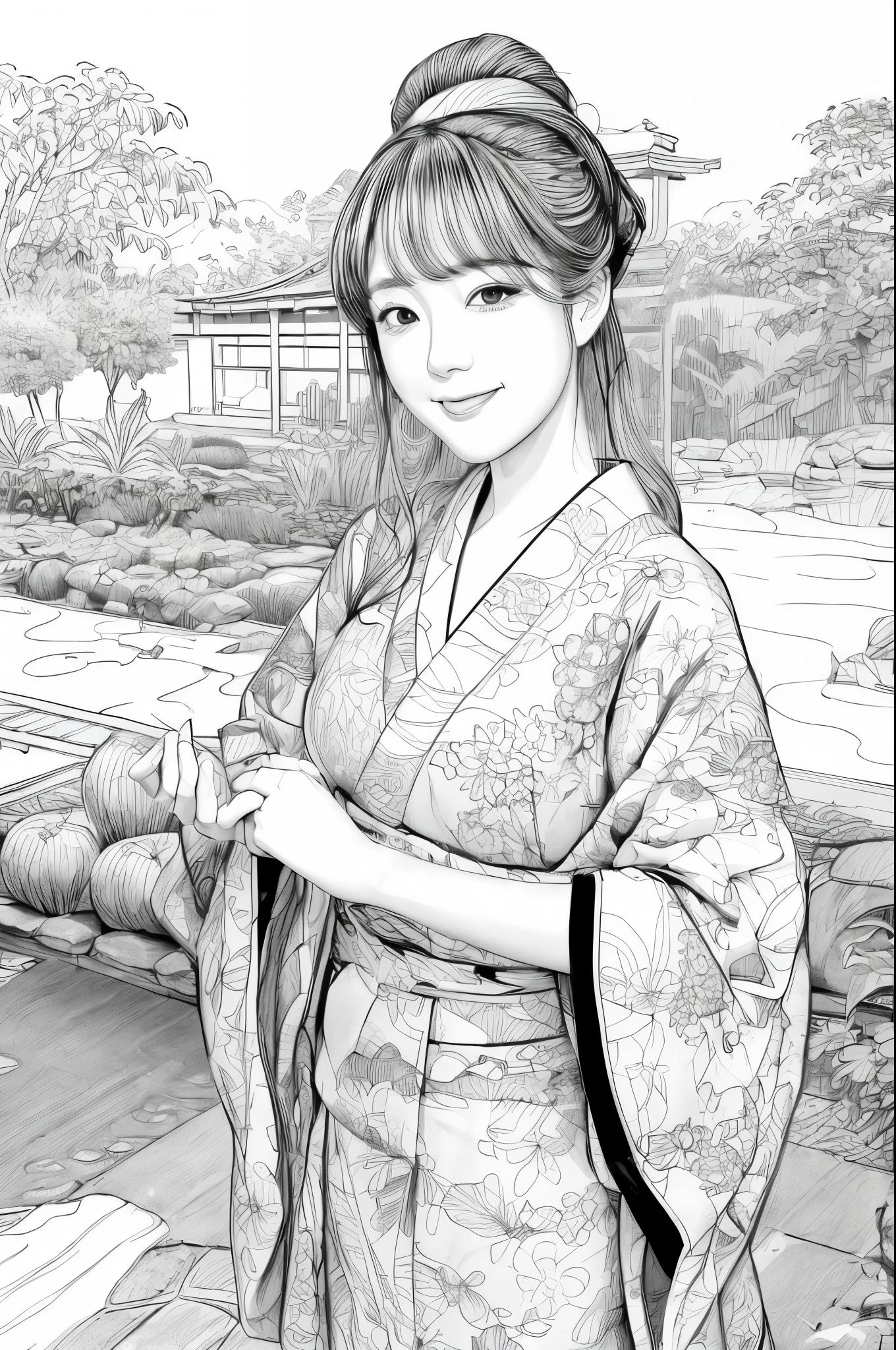 Please create a realistic ukiyo-e illustration of a cute, smiling woman in a kimono that conveys Japanese culture in various poses with (a Japanese garden in the background:1.5), using a simple black and white coloring book that even children can do. The illustration is a illustration with detailed facial features and cartoon-style visuals, (high contrast, sketch, monochrome, clean line drawings for coloring book:1.5)