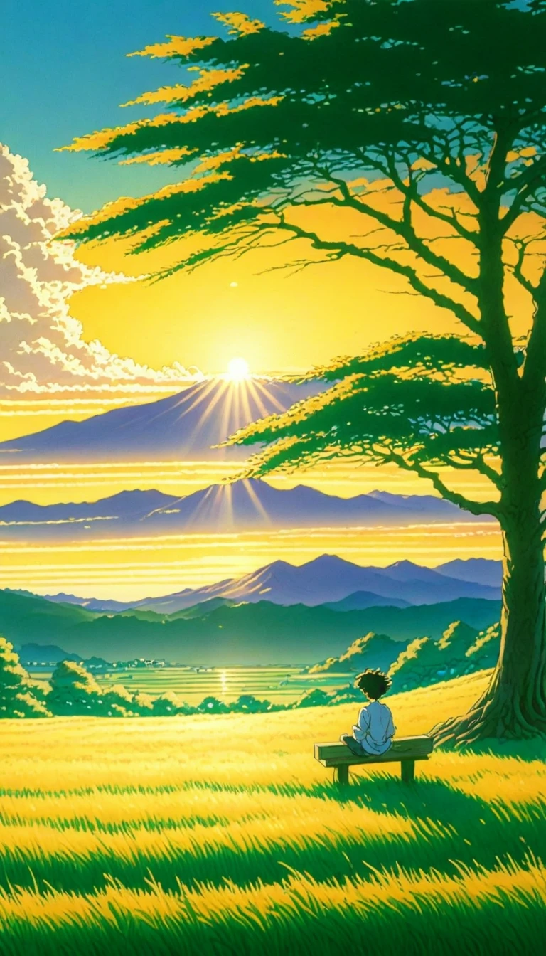 Creates an image of a serene, sunlit rural scene in a vibrant and detailed anime style. The setting is a boy in a meadow sitting next to a tree in an autumn meadow, watching a vast golden yellow sky with white peaks, benches, incredible sunset, tall green grasses, makoto shinkai cyril rolando, 4k anime art wallpaper, small grass, shadows on tree leaves and clouds, and . In the background you can see an infinite mountain range. The sky is a bright blue, dotted with fluffy white clouds. The overall atmosphere is calm and nostalgic, evoking a warm summer day.