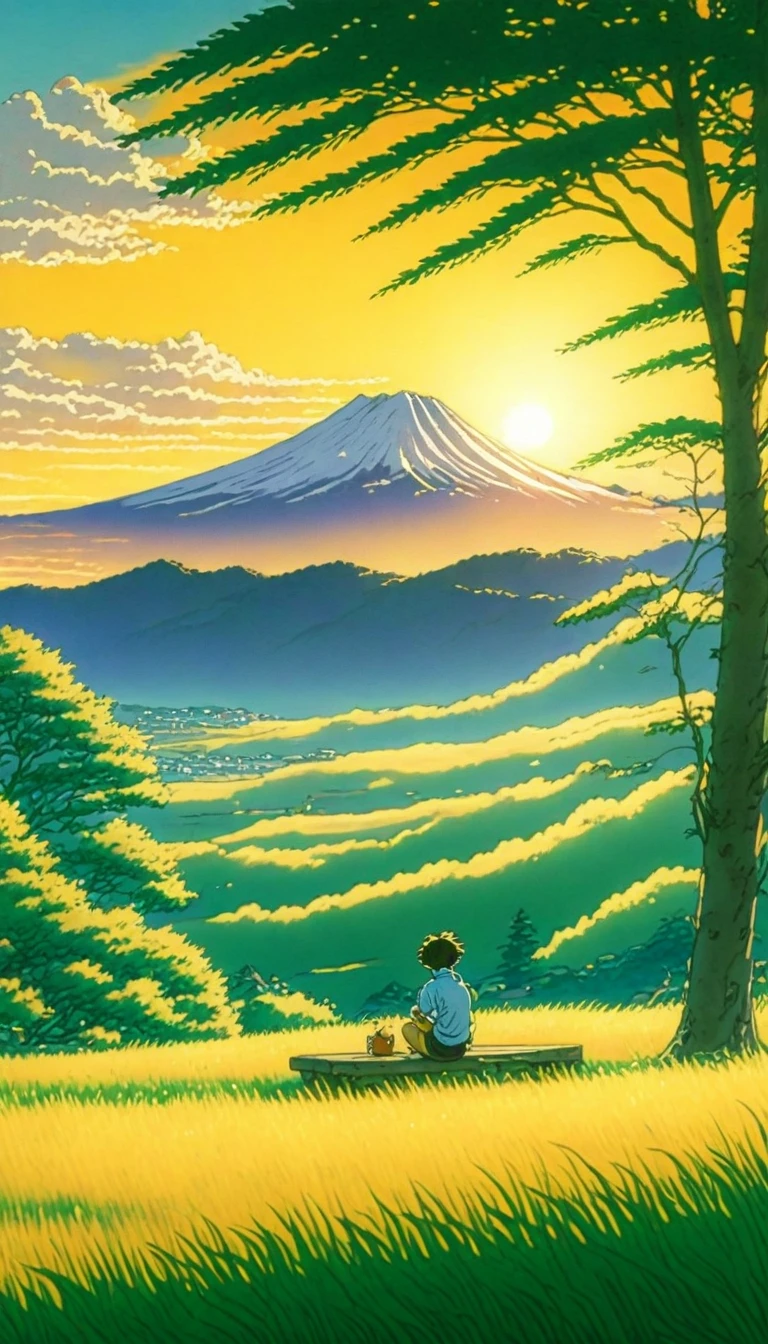 Creates an image of a serene, sunlit rural scene in a vibrant and detailed anime style. The setting is a boy in a meadow sitting next to a tree in an autumn meadow, watching a vast golden yellow sky with white peaks, benches, incredible sunset, tall green grasses, makoto shinkai cyril rolando, 4k anime art wallpaper, small grass, shadows on tree leaves and clouds, and . In the background you can see an infinite mountain range. The sky is a bright blue, dotted with fluffy white clouds. The overall atmosphere is calm and nostalgic, evoking a warm summer day.