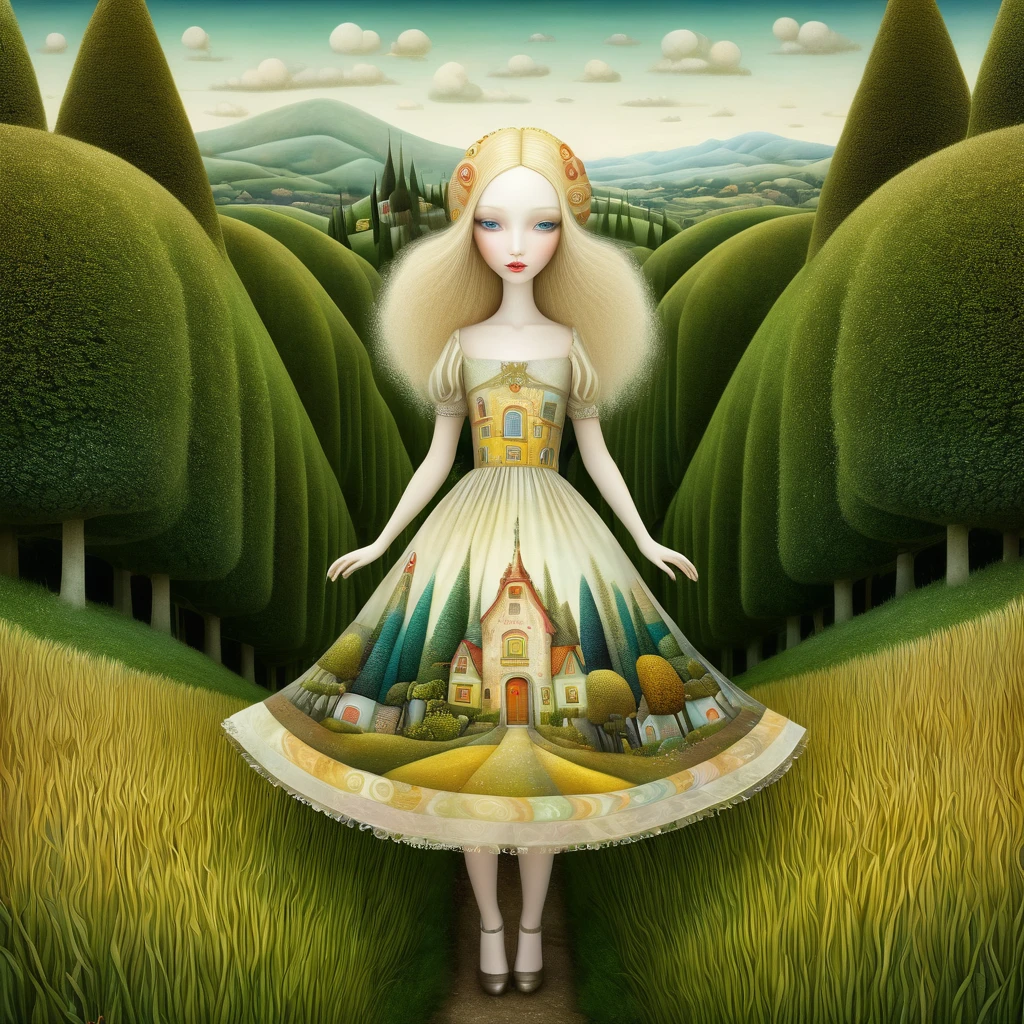 (adult content:NSFW) Patchwork by Klimt, Nicoletta Ceccoli, Naoto Hattori, Lawrence Didier, Leonora Carrington of European Woman, ash blond hair, light dress with wide neckline and small bust. is on the top of a gentle hill from which you can see the sea and forests of trees of many colors. The wind moves her hair and dress. intricate patterns and details, photorealistic 8k resolution, masterpiece quality, vivid and vibrant colors, dramatic lighting casting surreal shadows, fantastical and whimsical elements, magical realism ambiance, wide-angle perspective creating optical illusions.