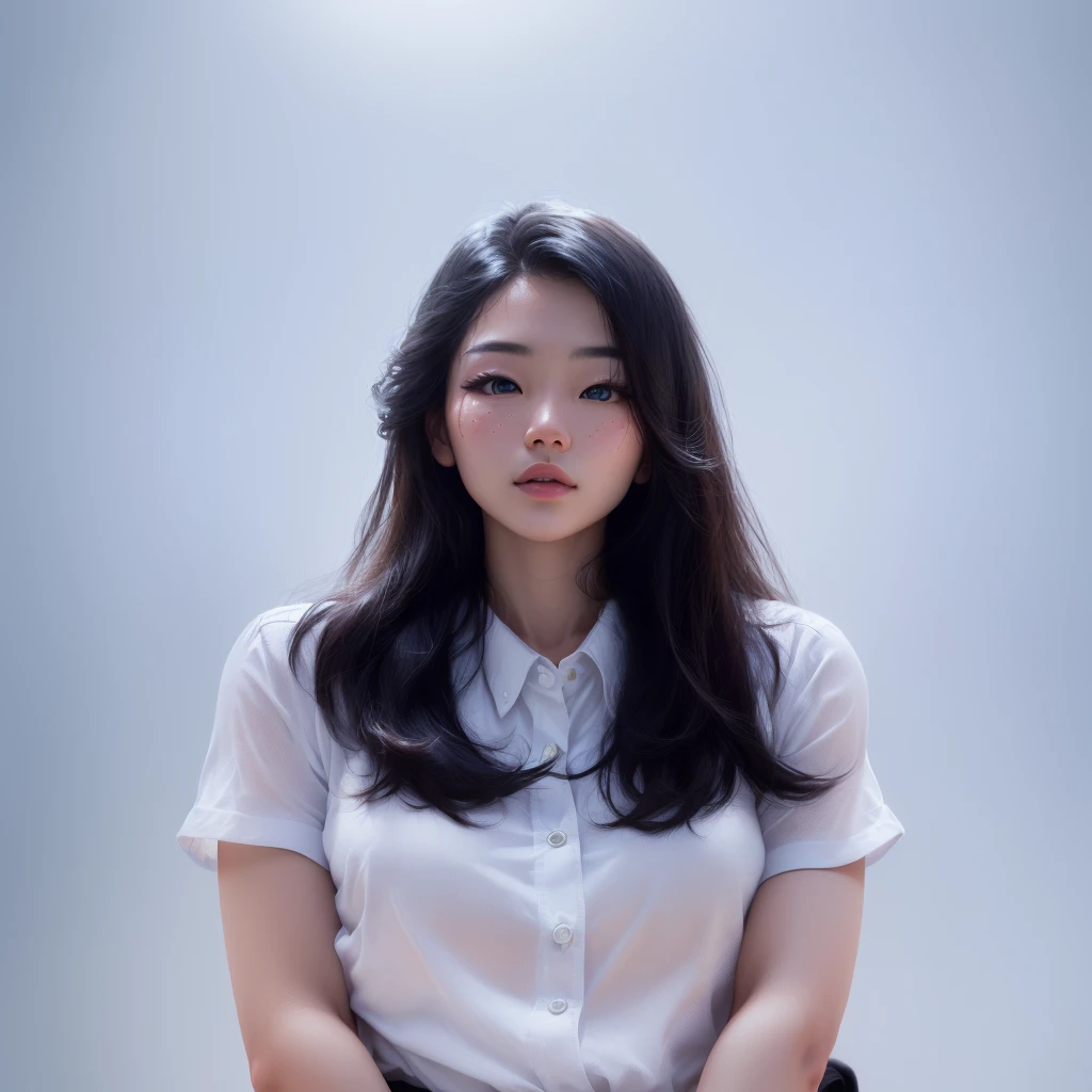 Best Quality, 8k, Masterpiece, (Portrait: 1.3), (photo realistic:1.4), (hyper realistic:1.4), Sharp Focus, looking at viewer, (smoother lighting:1.1), (increase cinematic lighting quality:0.9), realistic lighting, backlighting, light on face, ray trace, (brightening light:1.2), (Increase quality:1.4), sharp detail, (best quality real texture skin:1.4), finely detailed eyes, black_eyes, finely detailed face, 25 year old Korean woman, (white formal_shirt:1.4), (Create an image maintaining the orig