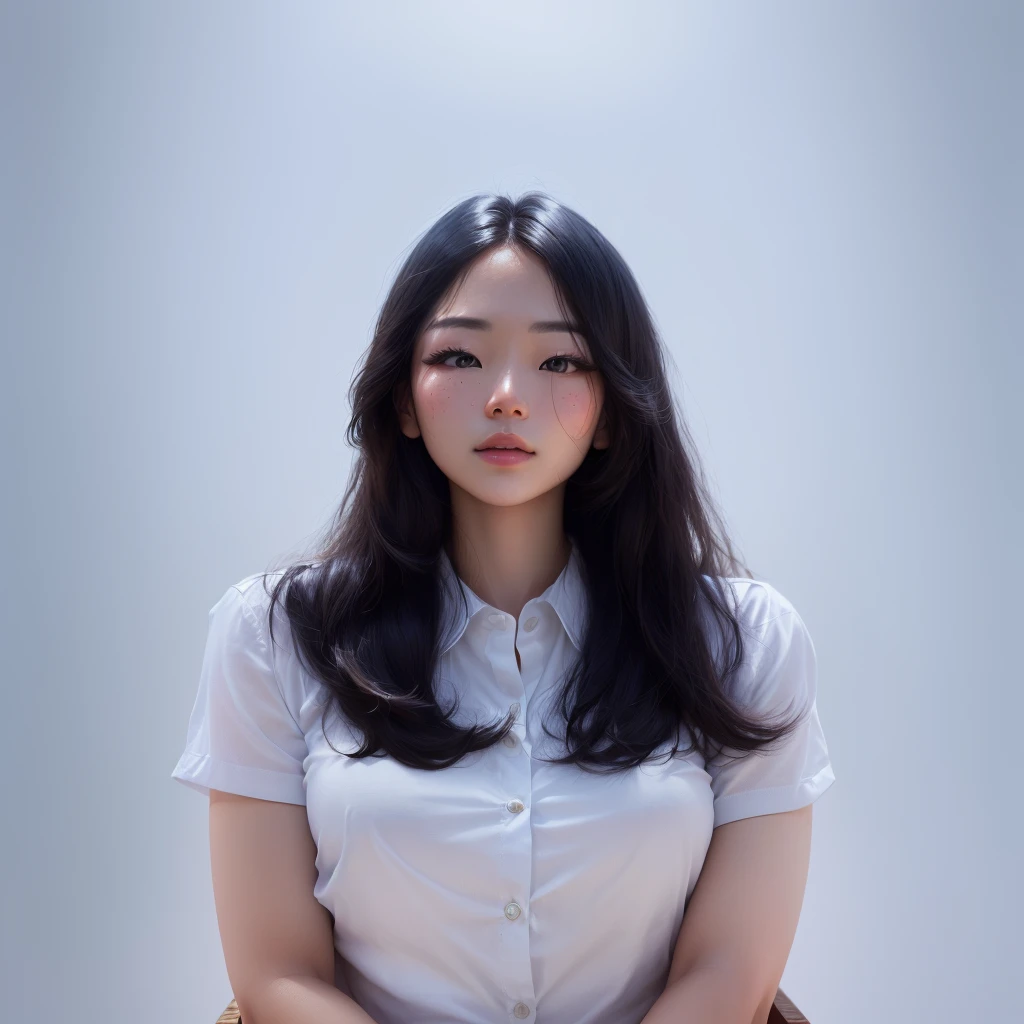 Best Quality, 8k, Masterpiece, (Portrait: 1.3), (photo realistic:1.4), (hyper realistic:1.4), Sharp Focus, looking at viewer, (smoother lighting:1.1), (increase cinematic lighting quality:0.9), realistic lighting, backlighting, light on face, ray trace, (brightening light:1.2), (Increase quality:1.4), sharp detail, (best quality real texture skin:1.4), finely detailed eyes, black_eyes, finely detailed face, 25 year old Korean woman, (white formal_shirt:1.4), (Create an image maintaining the orig
