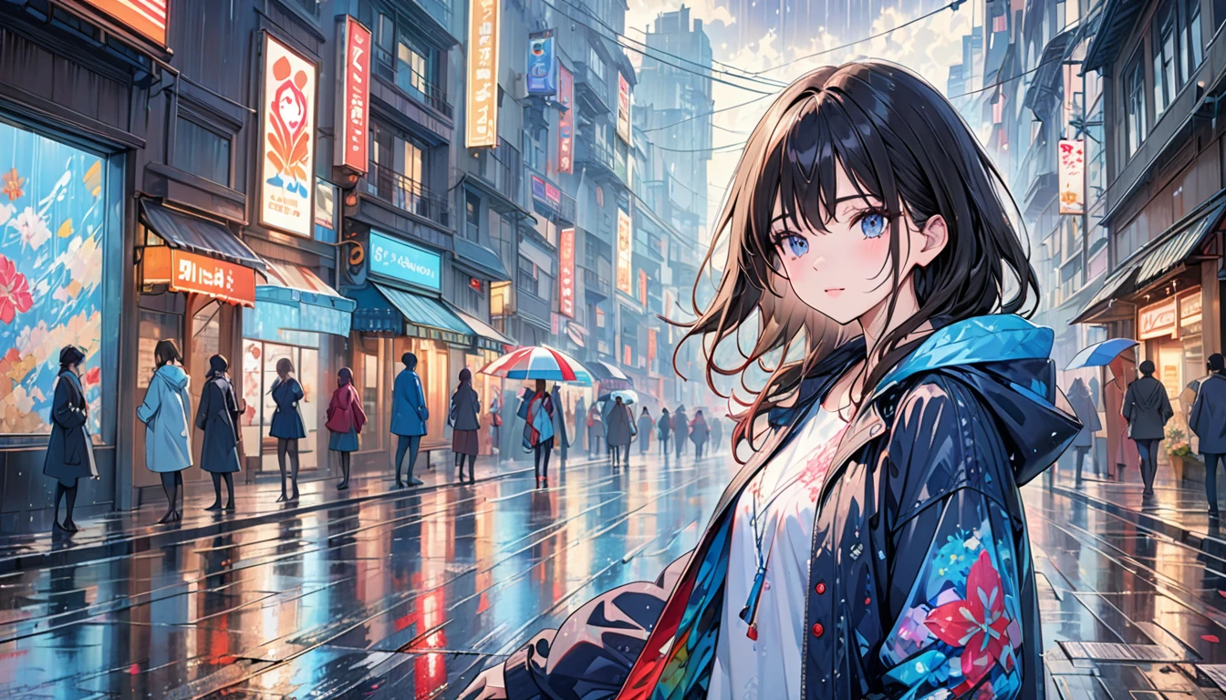 (masterpiece, top quality, best quality, official art, beautiful and aesthetic:1.2), girl, alone in the rain with a jacket in a dark city, extreme detailed,highest detailed, optical mixing, playful patterns, lively texture, unique visual effect