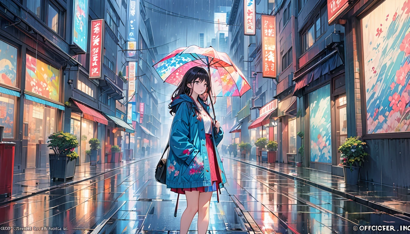 (masterpiece, top quality, best quality, official art, beautiful and aesthetic:1.2), girl, alone in the rain with a jacket in a dark city, extreme detailed,highest detailed, optical mixing, playful patterns, lively texture, unique visual effect
