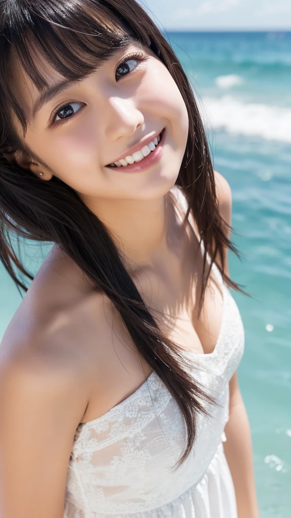 8k,19 year old girl,beautiful face,symmetry,close-up image of face,smile,one person,live-action,white dress,black hair,long hair,beach
