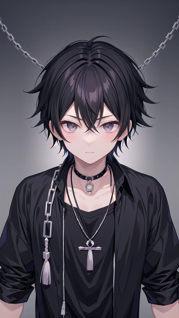 anime boy with black hair and a black shirt with a chain around his neck, male anime style, boy has short black hair, inspired by Okumura Togyu, anime style character, inspired by Okumura Masanobu, young anime man, anime moe artstyle, inspired by Itō Ogura Yonesuke, in an anime style