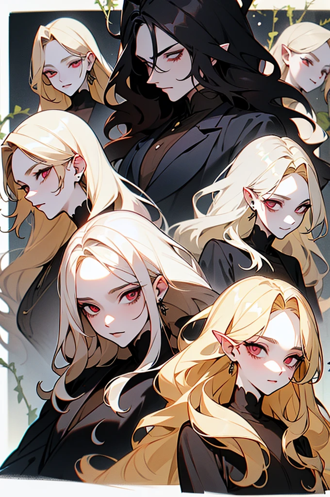 The adult man is 25 years old. Absolutely black demonic eyes, pearl blond wavy hair, pale skin, thorny vines entwine the hair, graceful delicate facial features