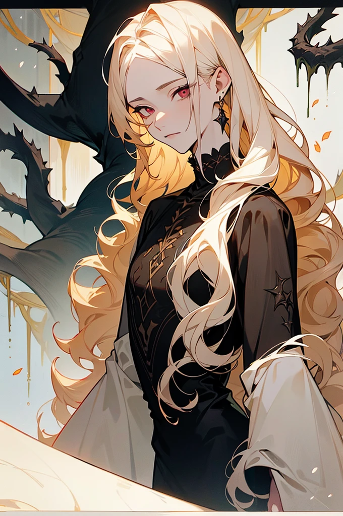 The adult man is 25 years old. Absolutely black demonic eyes, pearl blond wavy hair, pale skin, thorny vines entwine the hair, graceful delicate facial features