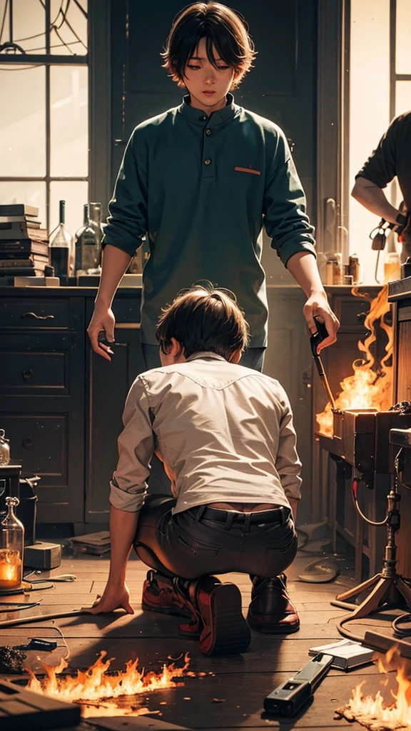 Man with his back kneeling looking at the fire