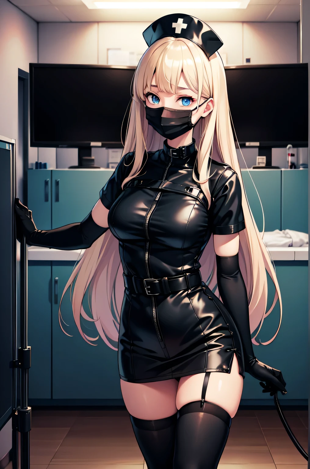 black nurse, 1woman, solo, black nurse cap, black nurse uniform, ((black legwear, zettai ryouiki)), black elbow gloves, blonde hair, blue eyes, ((black surgical mask, covered nose)), standing, ((surgery room)), sharp outline, short sleeves, mature female, 35 years old, best quality, masterpiece