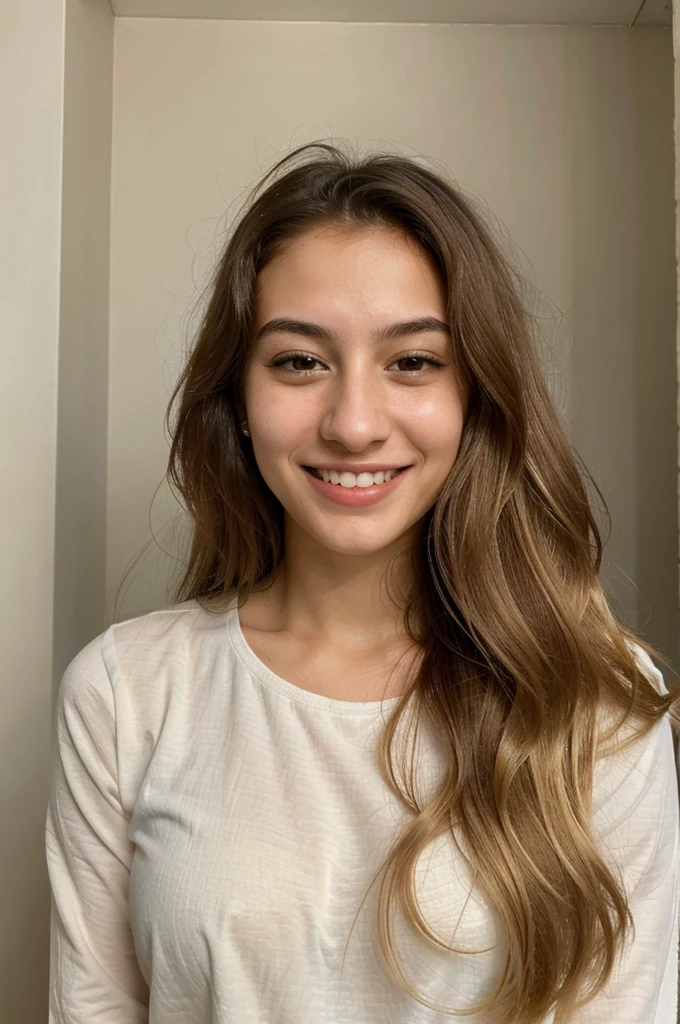 20YO, small nose, one women,attractive, Jordanian, Arab, Bright Yellow shirt, cute smile, cute face, white teethes, skinny face, light brown eyes, black/blonde long hair, modest