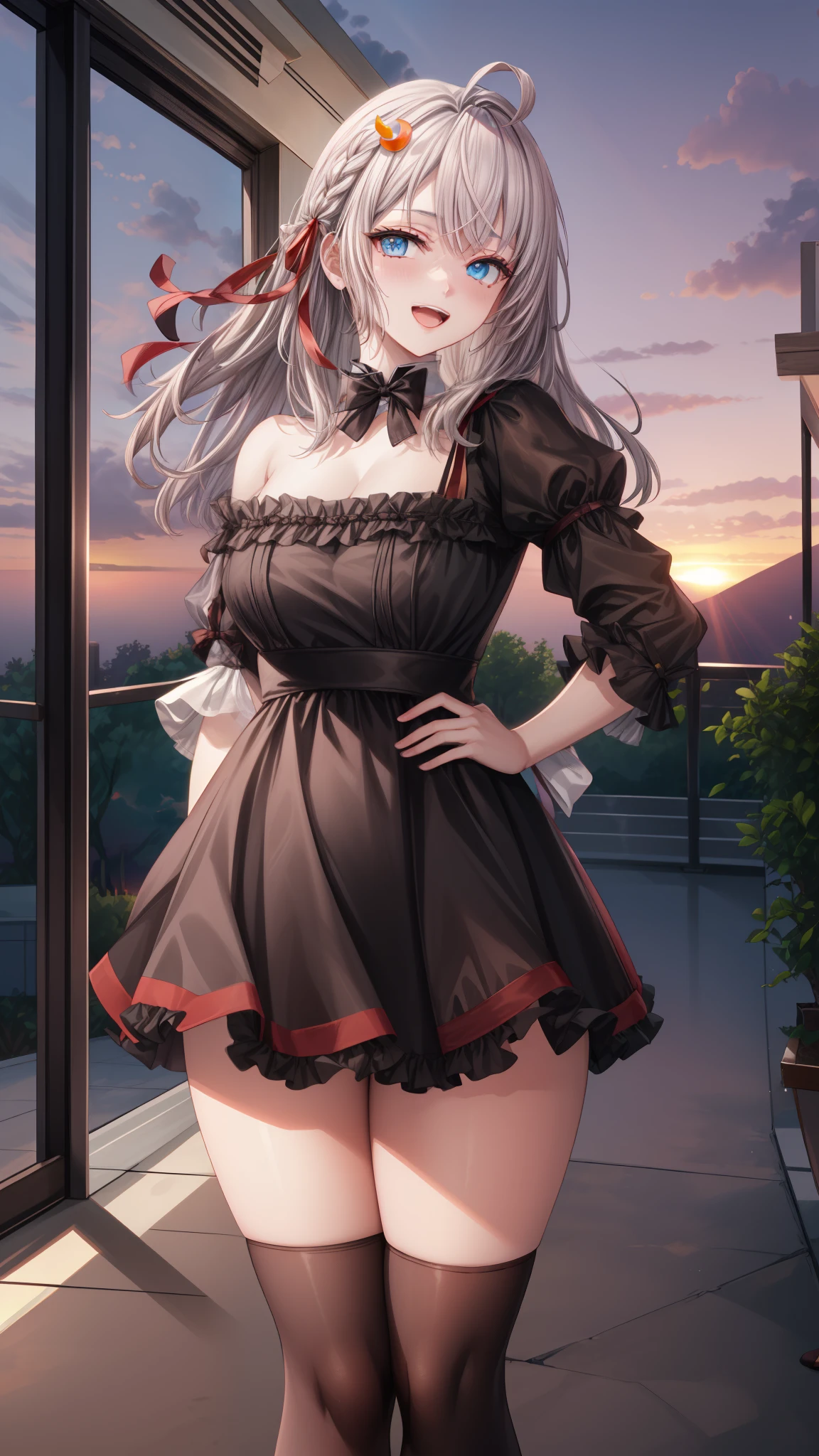 Alisa Kujou,
(sunset:1.7), 1 girl standing at attention, 22 years,young female,beautiful Finger, beautiful long legs ,beautiful body ,beautiful Nose ,beautiful character design, Perfect eyes, perfect face,
there is an anime girl., 1 girl, Thighs, Alone, Blue eyes, old, black dress ,elegant , long socks (((short dress))) , neckline, bow, hand on hip, blush, black Thighs, bowtie, inside, brown shoes, The Great Passage, moccasins, heels, old, looking at the viewer, take half distance, close up shot of open mouth, Thighs,
looking at the viewer, SMILE, greeting the viewer, In the center of the image, Fondo de pantalla CG unity 8k extremadamente detallado, perfect lighting,showy, bright_forehead_face_Lightinasterpiece:1.0),(better_quality:1.0), ultra high resolution,4k,ultra detailed,
Photography, 8k, HDR, high resolution, absurdities:1.2, portrait of codas, film grain, blurred background, bokeh:1.2, Lens flare, (Vibrant_color:1.2)
, (beautiful_face:1.5),(narrow_waist), (beautiful)