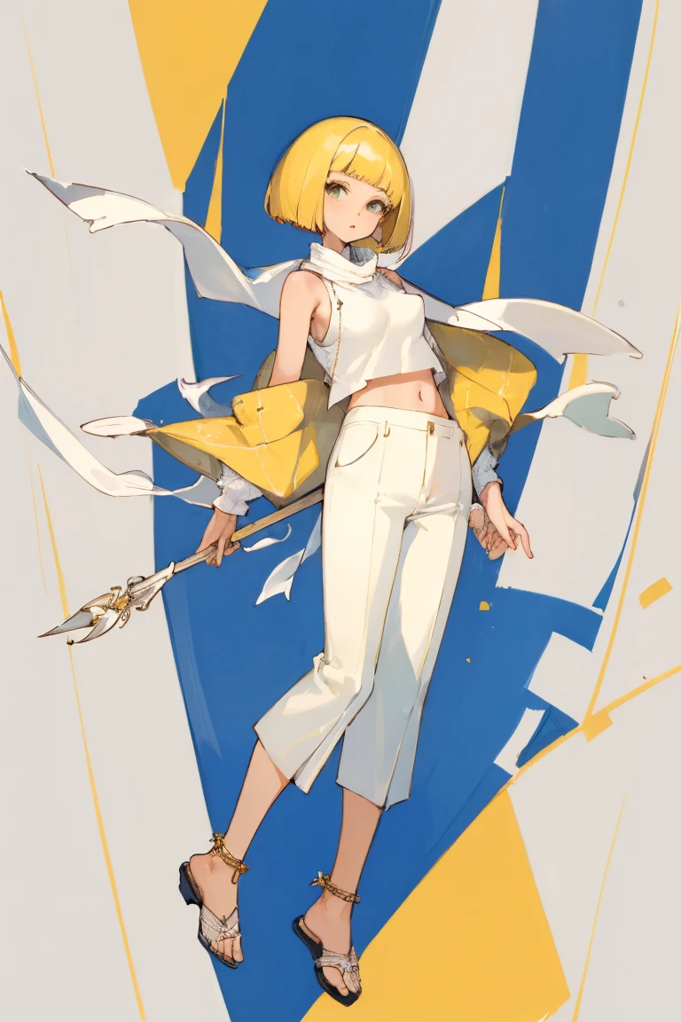 ((Highest quality)), ((masterpiece)), (be familiar with),woman,thin,Yellow Hair,Bobcut,Perm,sleeveless white sweater,{{{Erect nipples}}},shawl,pants,anklet
