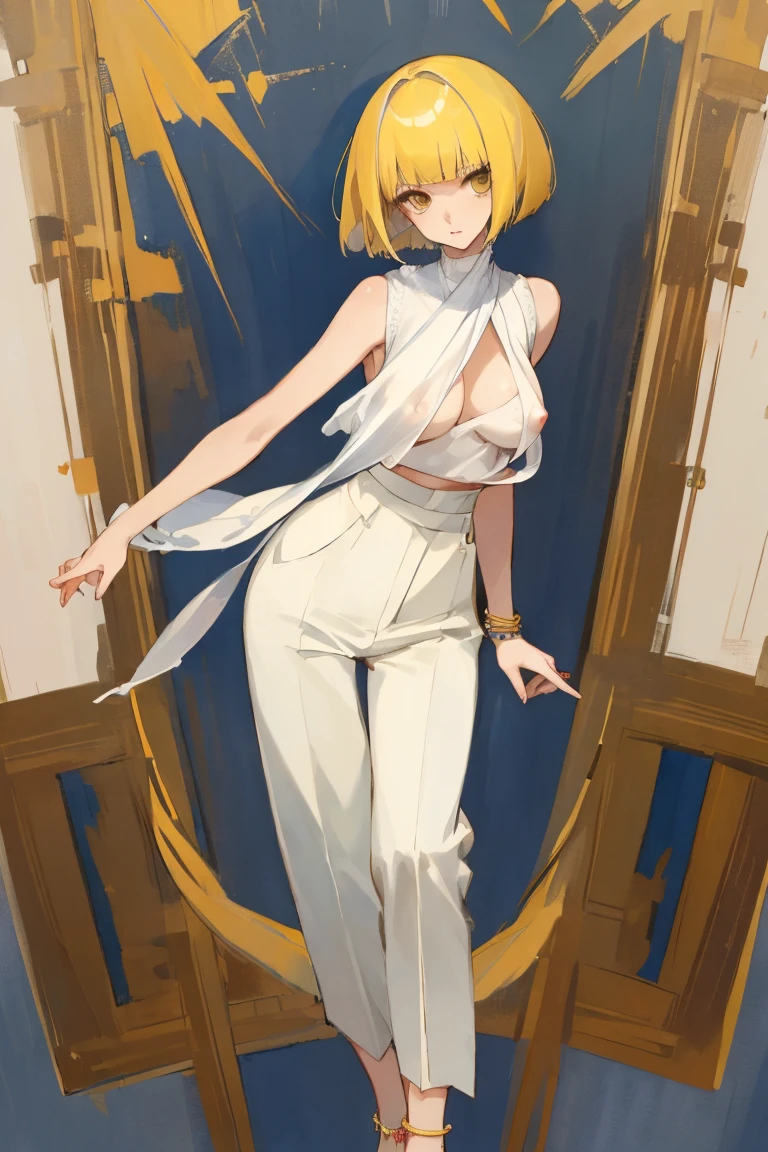 ((Highest quality)), ((masterpiece)), (be familiar with),woman,thin,Yellow Hair,Bobcut,Perm,sleeveless white sweater,{{{Erect nipples}}},shawl,pants,anklet
