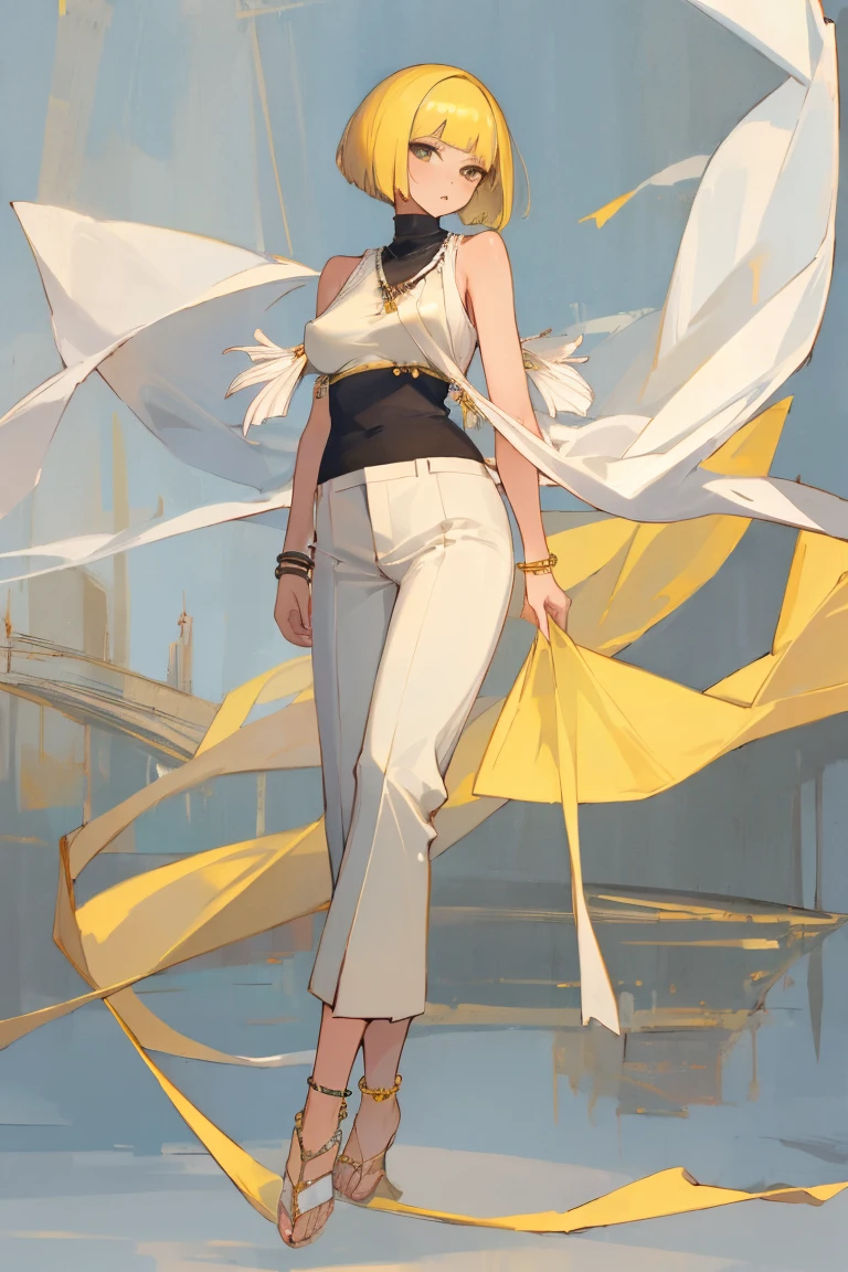 ((Highest quality)), ((masterpiece)), (be familiar with),woman,thin,Yellow Hair,Bobcut,Perm,sleeveless white sweater,{{{Erect nipples}}},shawl,pants,anklet