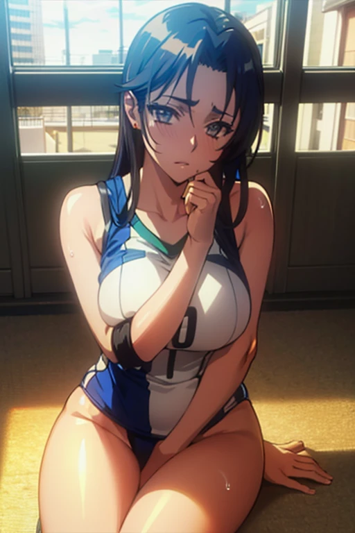 ((masterpiece,Highest quality,Ultra high definition,High resolution,8K,Ultra high definitionCG))Browsing Caution,Clear margins,A very beautiful adult woman in her 20s,1 person,Attractive figure,Very ample large breasts,(A drawing from the waist up),((Sunburned skin)),(Blue Hair),Thin eyebrows,She pinned her hair behind one ear.,shoulder-length hair,Center-parted bangs, cute eyes,A slightly shy face,(Volleyball player uniform),Climax,Star-shaped earrings,Wet skew
