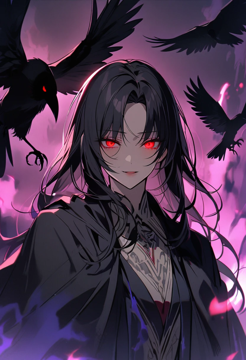 woman, vest, black cloak, red eyes, black hair, crow, glowing eyes, parted bangs, dark aura, beautiful, yandere, symbol of dealth