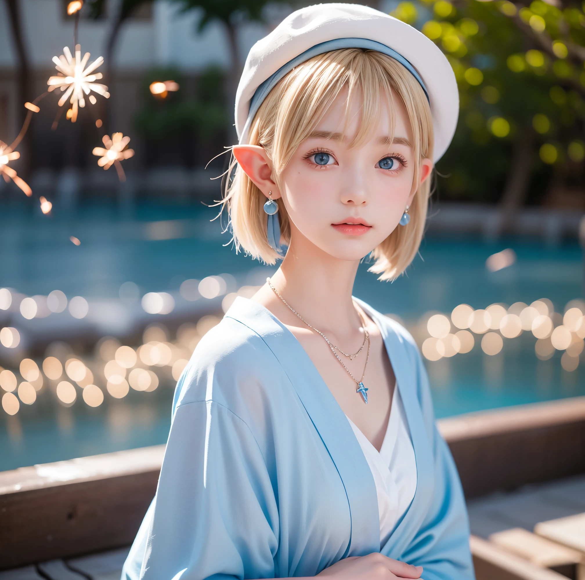 Portrait of a blonde girl in a white hat and a blue shirt , earrings, necklace , extra short hair, sidelocks-hair、Pointy ears like an elf、Upper Body.、The color of her eyes is a clear light blue、yukata、Fireworks display