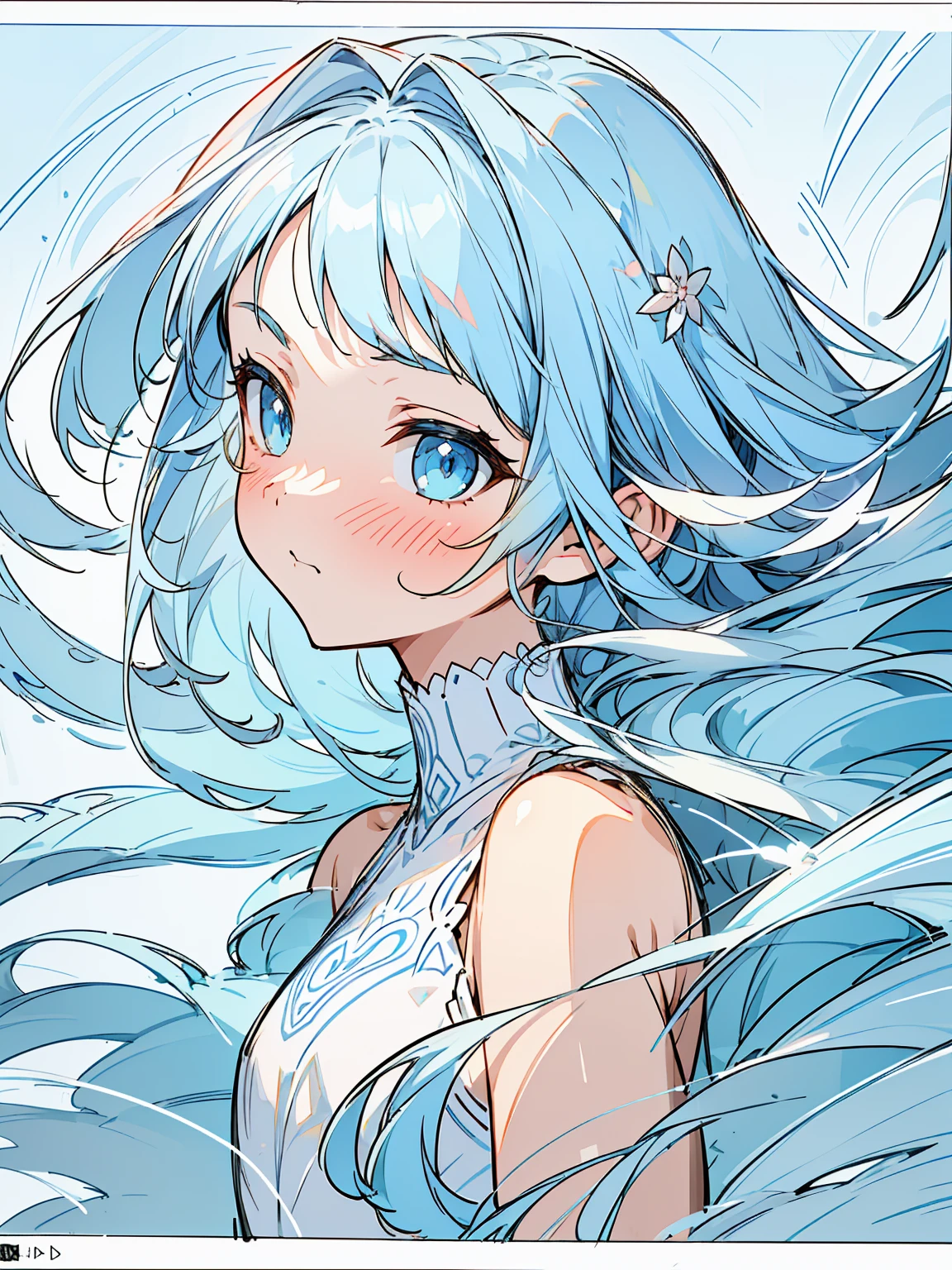 masterpiece, best quality, extremely detailed, (illustration, official art:1.1), 1 girl ,(((( light blue long hair)))), ,(((( light blue long hair)))),light blue hair, , long hair ((blush)) , cute face, big eyes, masterpiece, best quality,(((((a very delicate and beautiful girl))))),Amazing,beautiful detailed eyes,blunt bangs((((little delicate girl)))),tareme(true beautiful:1.2), sense of depth,dynamic angle,,,, affectionate smile, (true beautiful:1.2),,(tiny 1girl model:1.2),)(flat chest), (((1 girl)),1girl, (angry, pouty, closeup, from side), poor eyes, closed mouth, shiny hair, ( long straight hair, white turtleneck), early s, looking at left, BREAK patterned fabric, insanely beautiful and detailed clothes, finely detailed hair, ullface blush, exquisitely beautiful and delicate skin, perfect anatomy, dynamic angle, BREAK (masterpiece, best quality), (ultra-detailed 8K), (perfect design), absurdres, highres, cinematic lighting, (fashion illustration, sharp sketch, super fine illustration:1.2),