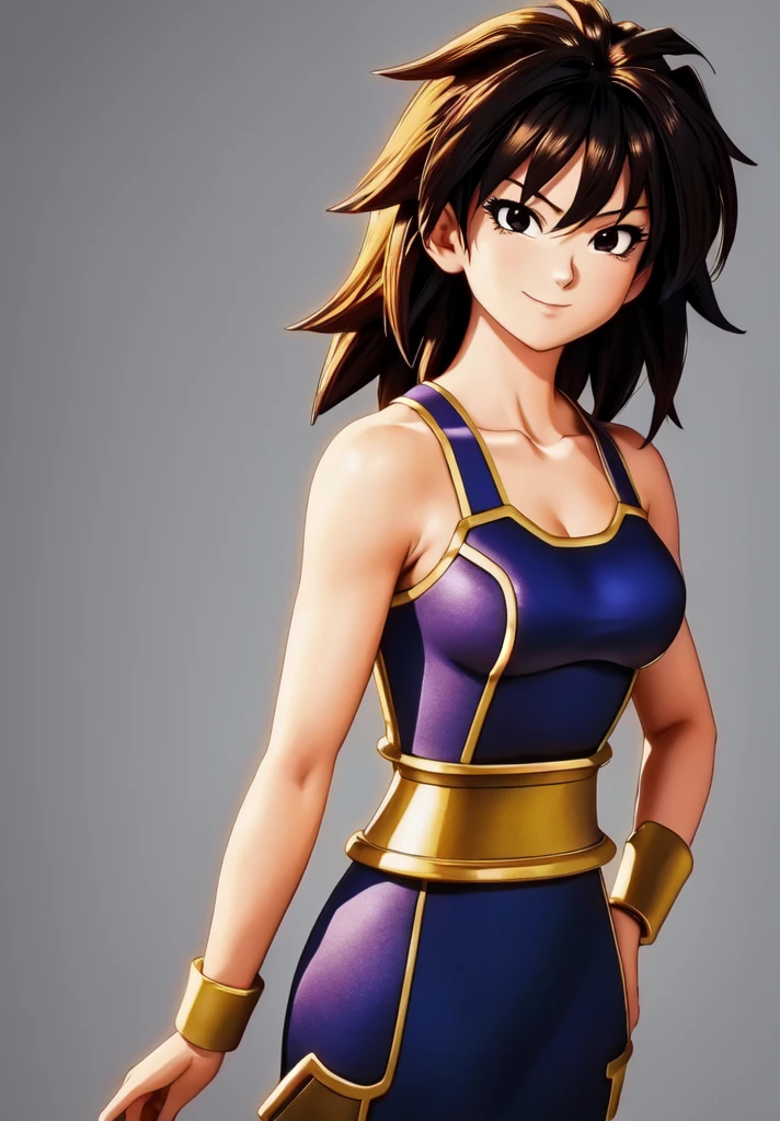 (Photo:1.3), highdetail, 1girl, solo, looking at viewer, smile, simple background, bare shoulders, closed mouth, collarbone, upper body, armor, hand on hip, bare arms, black background, wristband, arm at side, outline, saiyan armor, (acclaimed, alluring, captivating, exciting, gorgeous, striking:1.3), (trending on artstation:1.3)