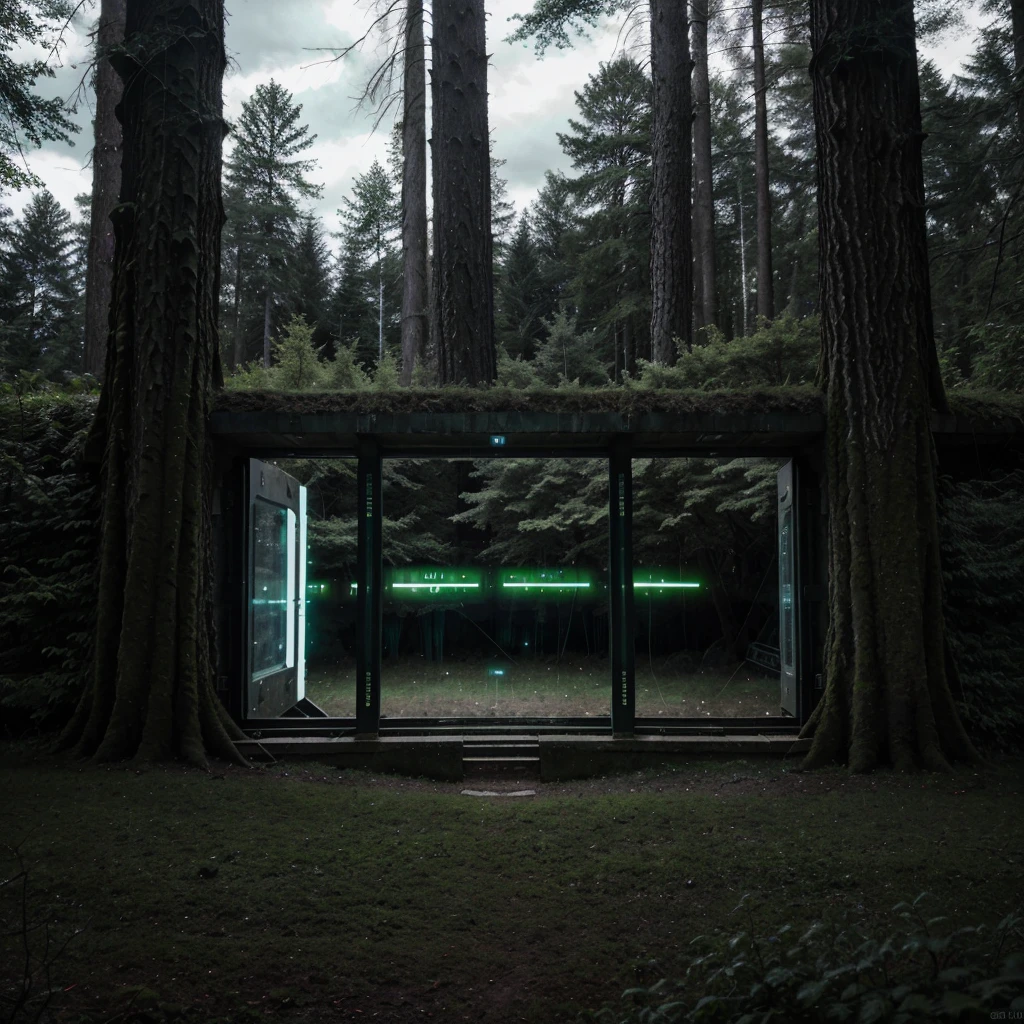 A futurist military wall in the forest. Scene of a futuristic war on a sci fi planet lot of details,cloudy day, dark lights cinematic lights best quality,4k,8k,highres, t Dark and green landscapeatmosphere that conveys sadness, 8k, ultra realistic, dramatic lighting.